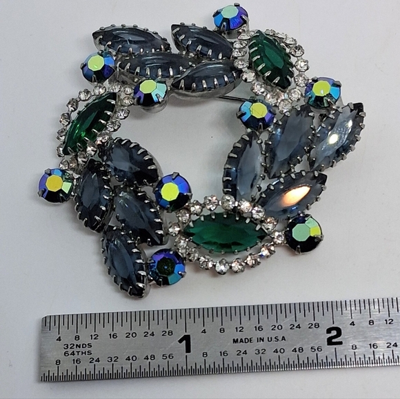 * Vintage Green & Blue With AB Crystals Pin Brooch - Picture 2 of 4